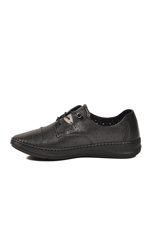 Black Genuine Leather Anatomical Comfortable Sole Rubber Laced Women's Casual Shoes 9523 Z