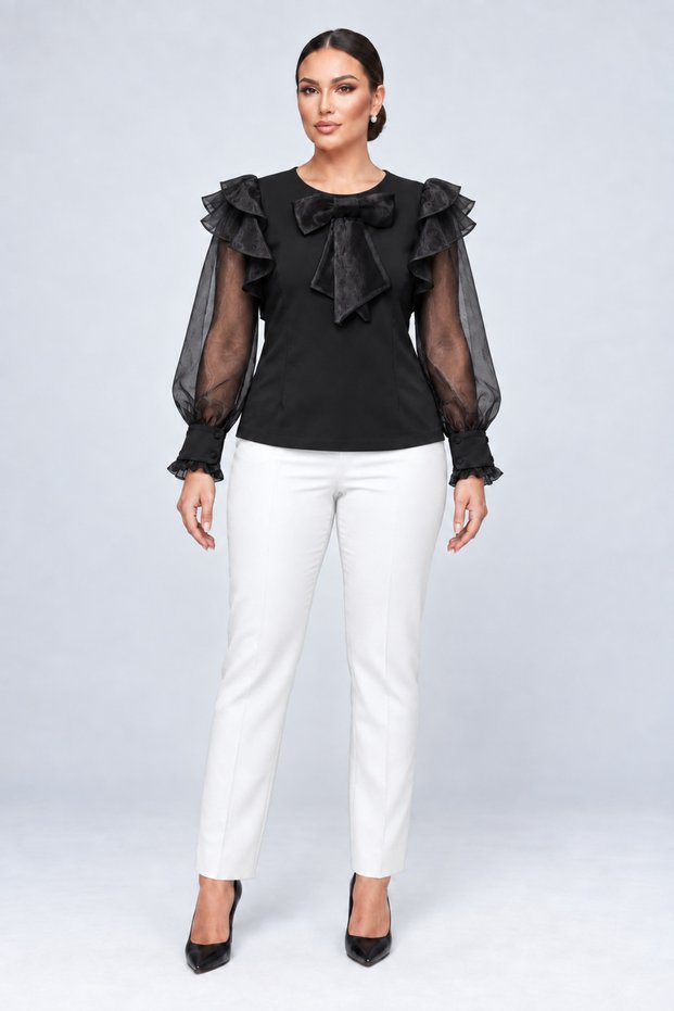 Plus Size Stylish Blouse with Detachable Bow Brooch Detail and Organza Flounce Sleeves.