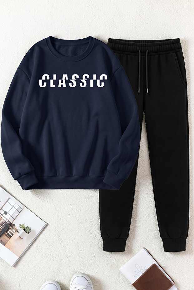 Unisex Classical Printed Crew Neck Sweatshirt - 2-Piece Tracksuit Set