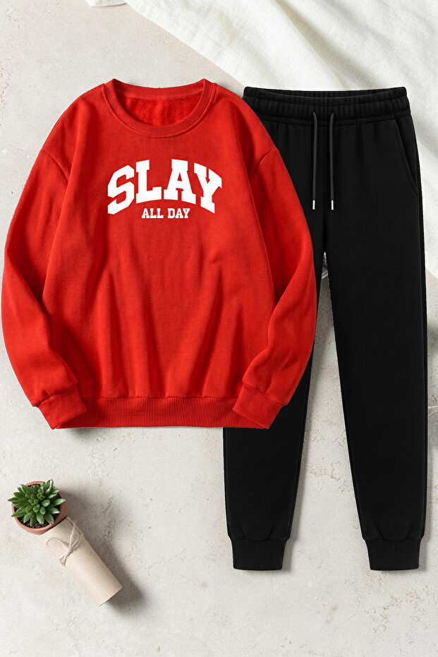 Unisex Slay All Day Printed Crew Neck Sweatshirt - 2-Piece Tracksuit Set