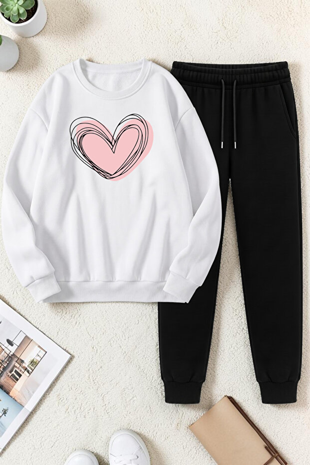 Unisex Cream Heart Printed Crew Neck Sweatshirt - 2-Piece Tracksuit Set