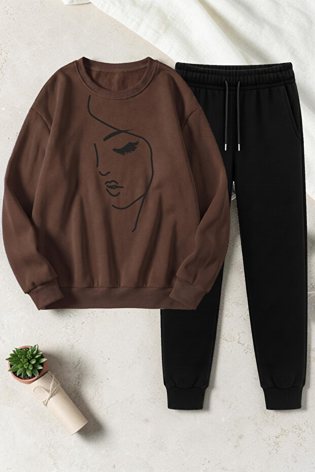 Unisex Silhouette Printed Crew Neck Sweatshirt - 2-Piece Tracksuit Set