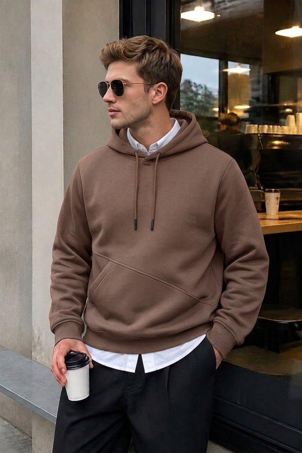 Men's Winter 3-Strand Fleece Hooded Oversize Sweatshirt with Cut-Out Pockets - Brown