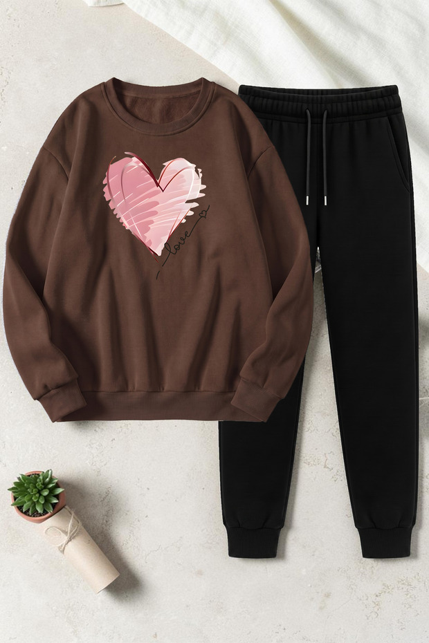 Unisex Kalp Printed Crew Neck Sweatshirt - 2-Piece Tracksuit Set