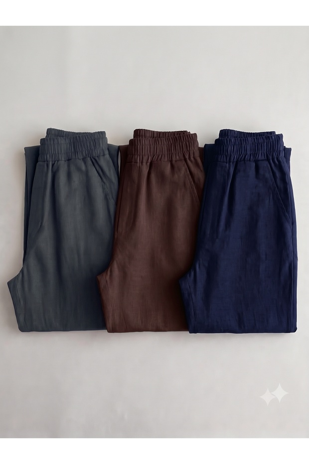 Men's 3-Piece Comfortable Fit Linen Trousers with Elastic Waist
