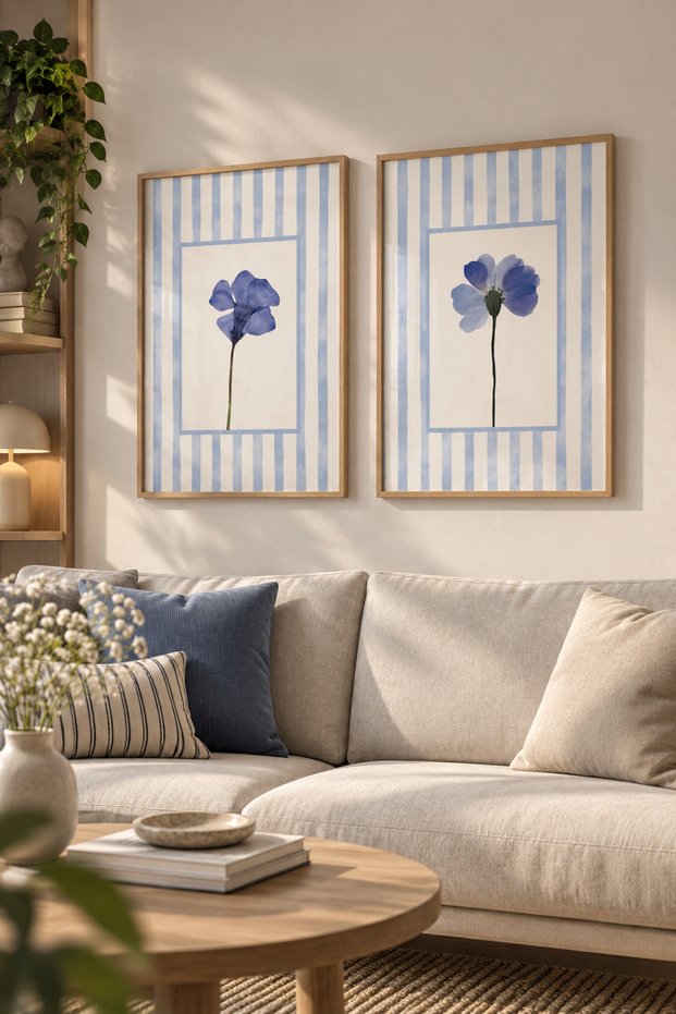 Natural Wood Framed 2-Piece Blue Flowers Wall Decor Decorative Painting Set for Living Room Living Bedroom Kitchen Entrance