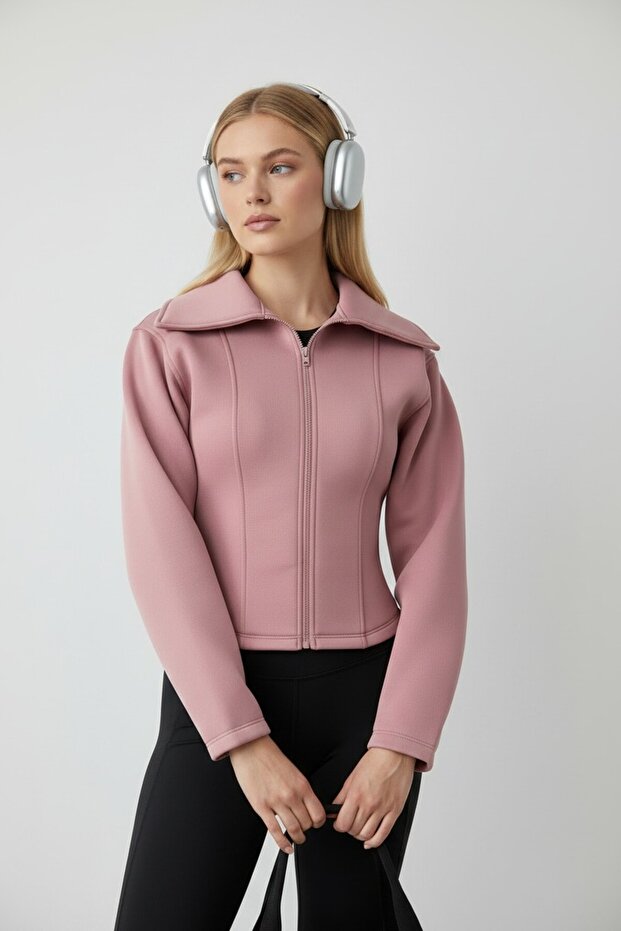 Dusty Rose Corset Stitched Wide Collar Zippered Scuba Jacket Cardigan