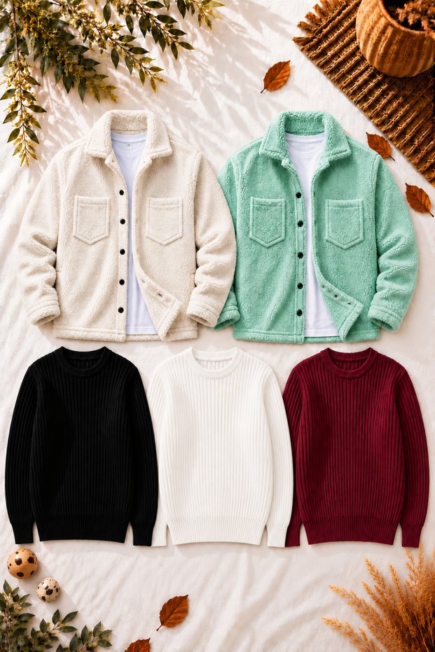 Men's 5-Piece Winter Combination Set 2 Plush Jackets 3 Crew Neck Ribbed Knit Sweaters Thick Textured