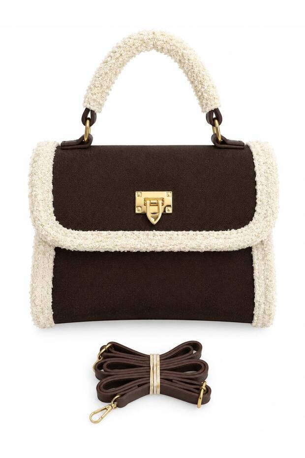 Women's Suede Shoulder and Hand Bag with Plush Detail