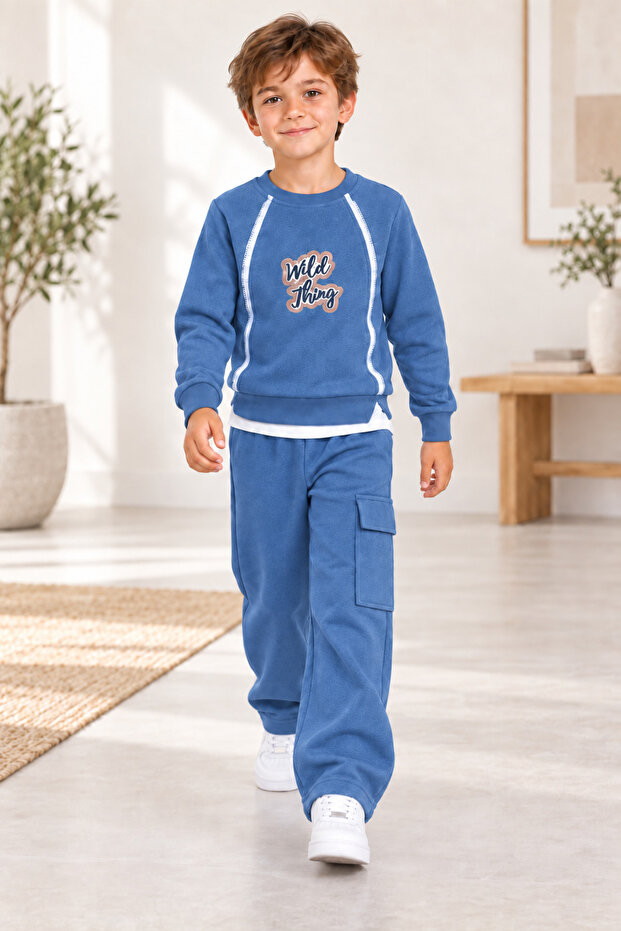 Artexli̇fe 42909-26 Boys' Wild Thing Printed 2-Piece Set – Zipper Detailed Sweatshirt and Wide-Legged Pants with Cargo Pockets 4-10 Years