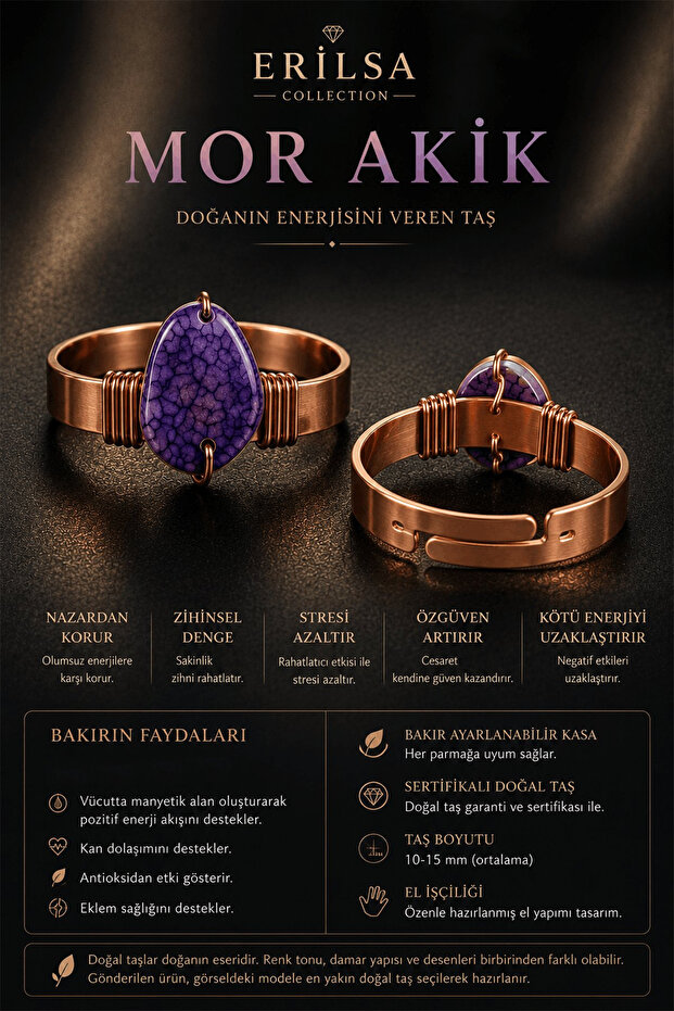 Certified Purple Agate Stone Copper Case Adjustable Handmade Natural Stone Ring