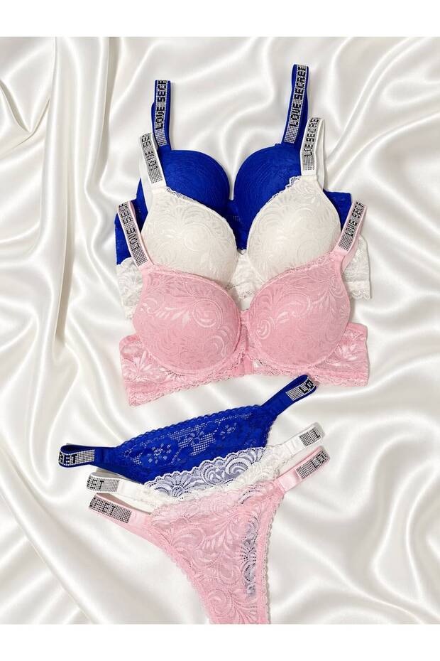 Women's lace stone underwire support padded push-up bra set lingerie set triple set