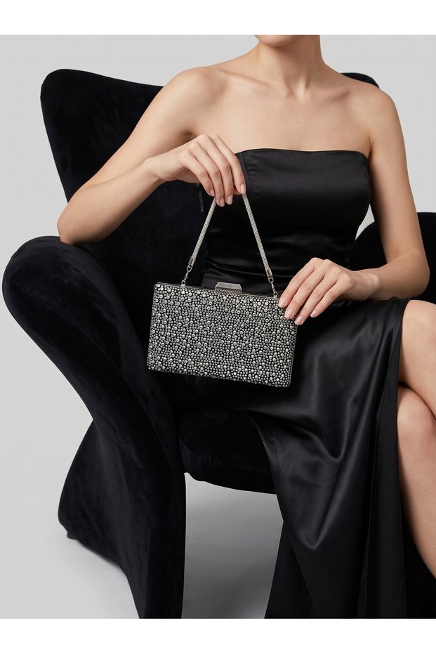 Black Suede Women's Evening Dress Bag with Silver Crystal Stones for Wedding Engagement Graduation