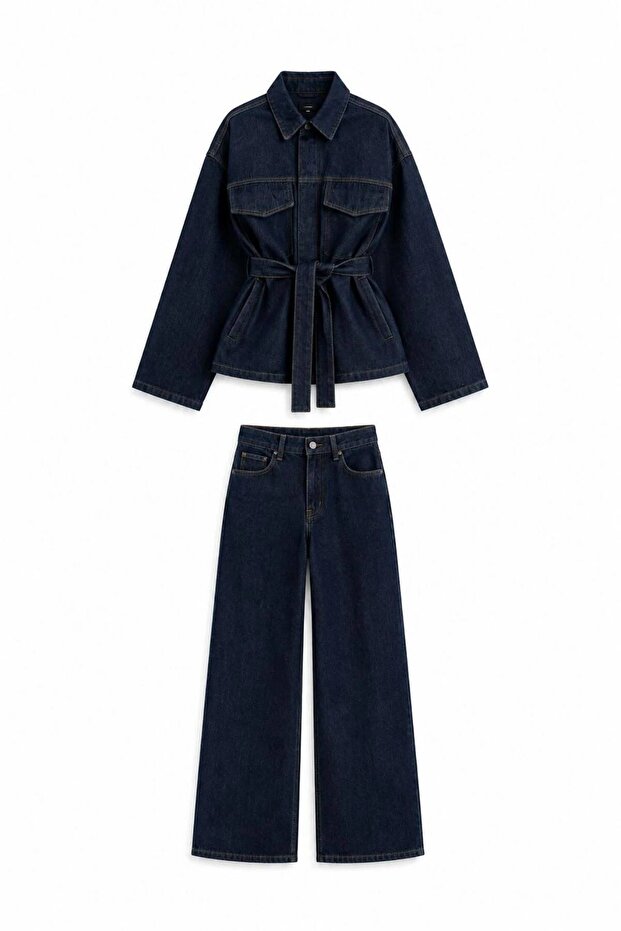 Women's Tie-Detail Oversized Jacket and Pants Denim Set