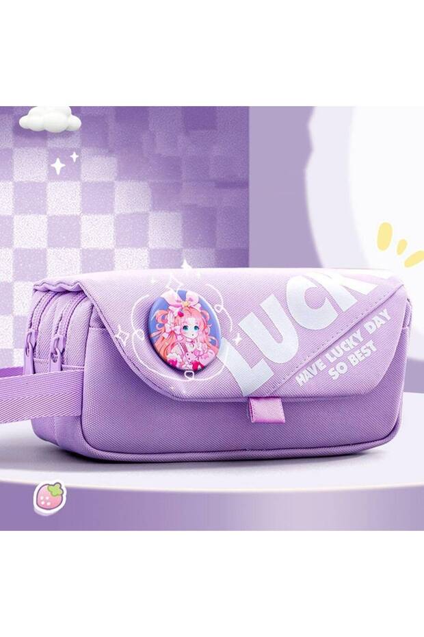 Girl's Multi-Compartment Cute Patterned Lucky Writing Anime Style Easy-To-Carry Pink Purple Fuchsia Large Capacity Pencil Case with Handle