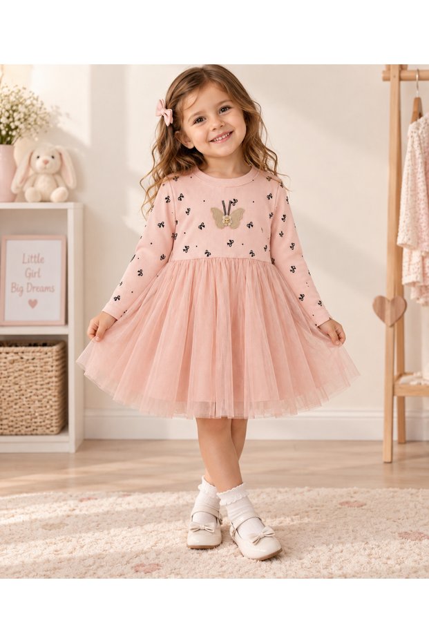 Butterfly Embroidered Powder Pink Girl's Dress 2 Years-6 Years
