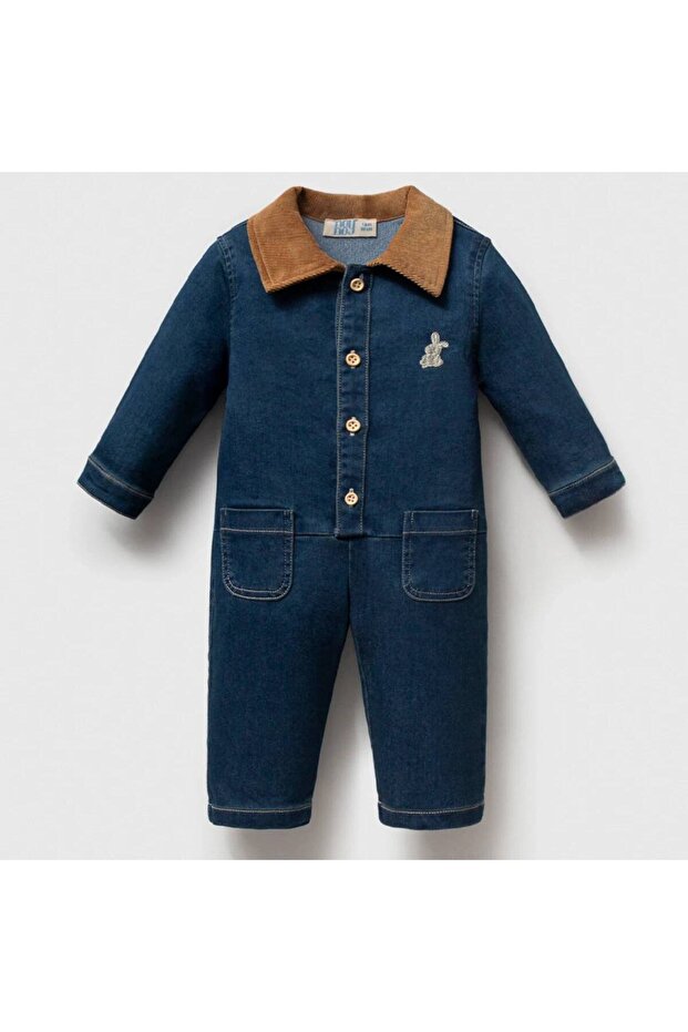 Unisex Baby Velvet Collar Rabbit Embroidered Denim Overalls 9-24 Months