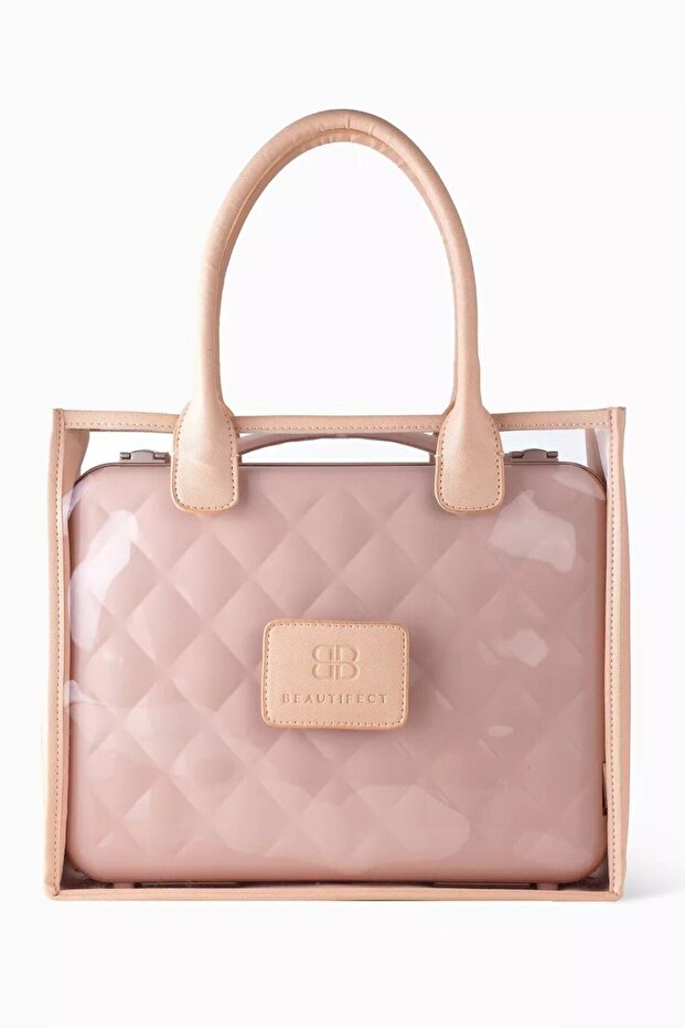 Vegan Leather Tote Bag with Transparent Panels, Stylish & Travel-Friendly - Pink