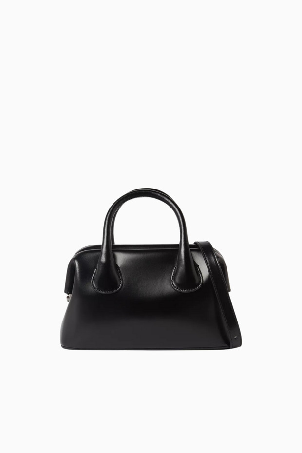 Mini Boat Black Leather Bag, Stylish Shoulder and Hand Bag with Modern Frame - Black