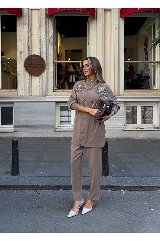 Women's Front Sleeves with Bead Embroidery Tansel Fabric Bambir Ceken Pant Suit