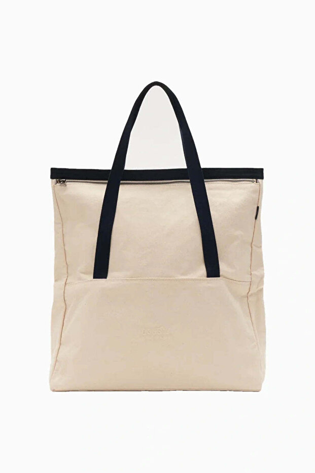 Beach Bag Canvas Unisex Tote Bag - Cream-Navy Blue