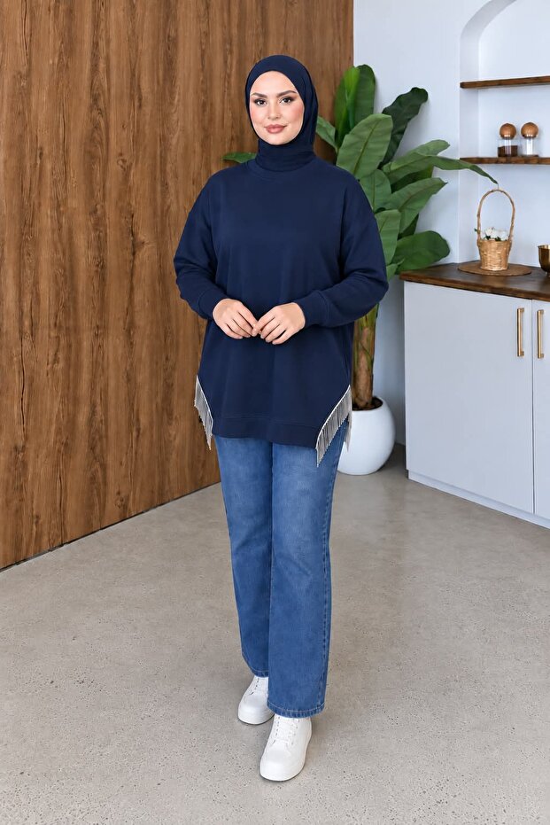 Women's Tassel Detailed Comfortable Fit Hijab Sweatshirt Tunic