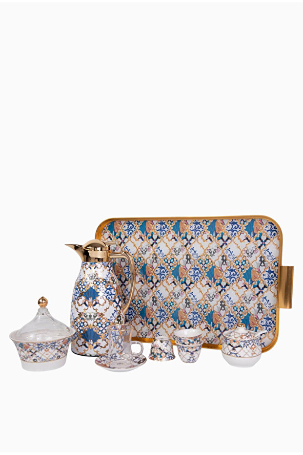 Blue Flower Gold 22 Piece Porcelain Coffee Tea Set-Double Layer Thermos - 22 Piece