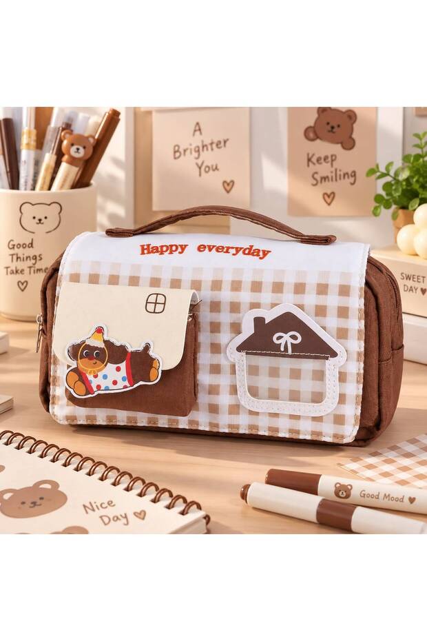 Checkered Easy-To-Carry Handle Large Volume Multi-Compartment Large Size Girls Boys Kids Students Cute Animal Dog Pattern Pastel Color Primary School Middle School Pen Holder Pencil Case