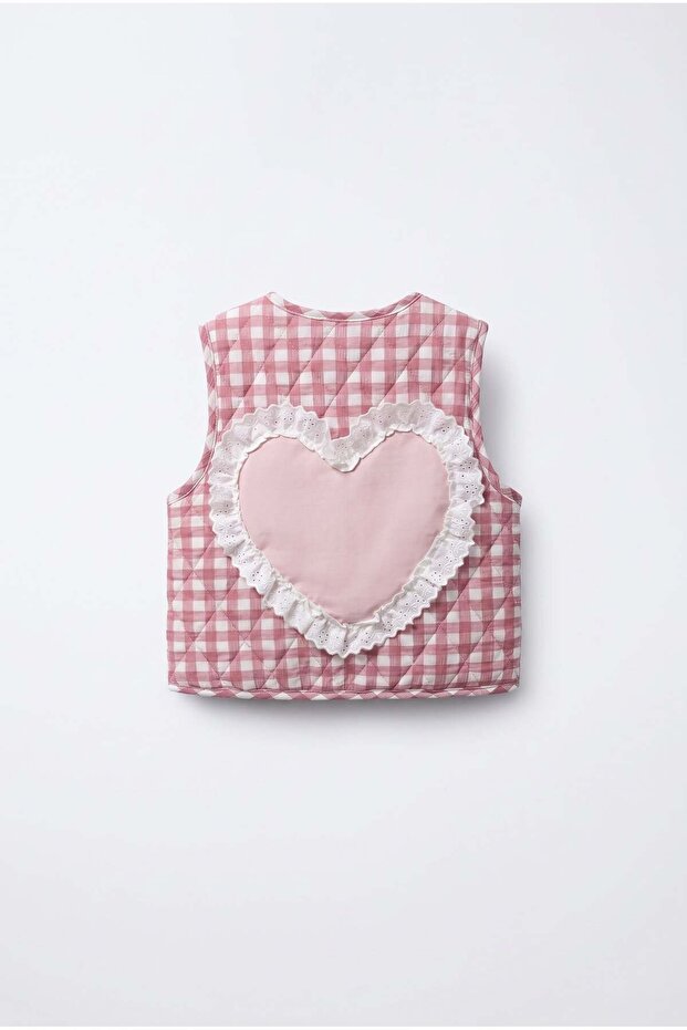 Girl's Pink Gingham Quilted Vest with Heart Appliqué
