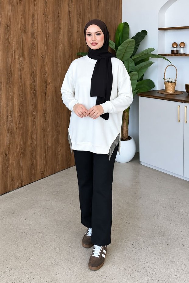 Women's Tassel Detailed Comfortable Fit Hijab Sweatshirt Tunic