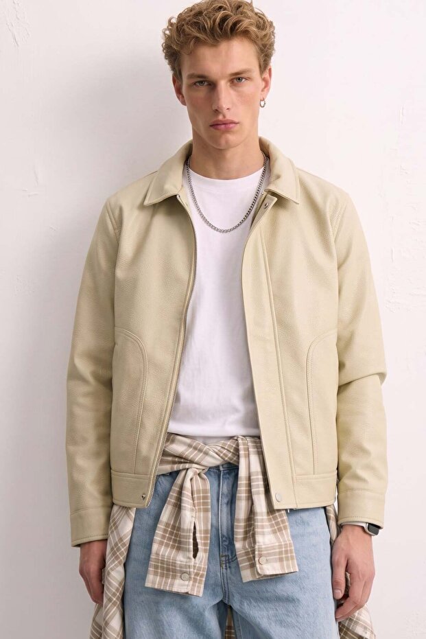 Men's Double Pocket Zippered Leather Look Jacket - Cream
