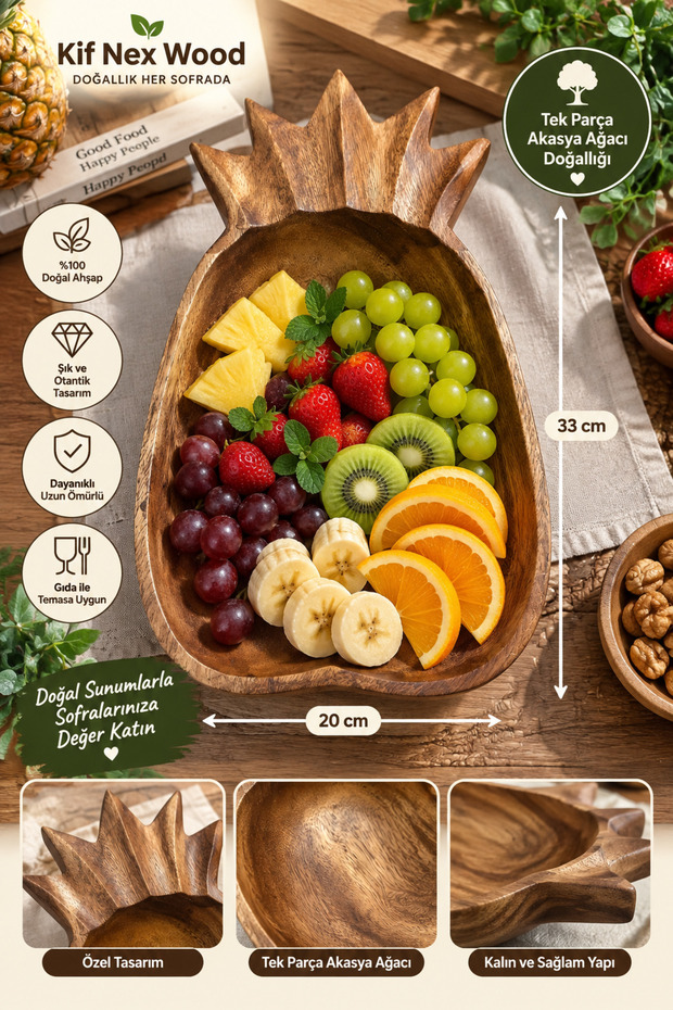 One-Piece Acacia Wood Fruit & Presentation Plate with Pineapple Design – 33 × 20 cm