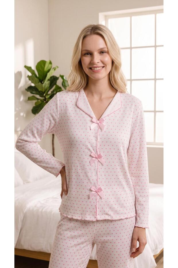 Women's Pink and White Corded Bow Heart Patterned Pajama Set