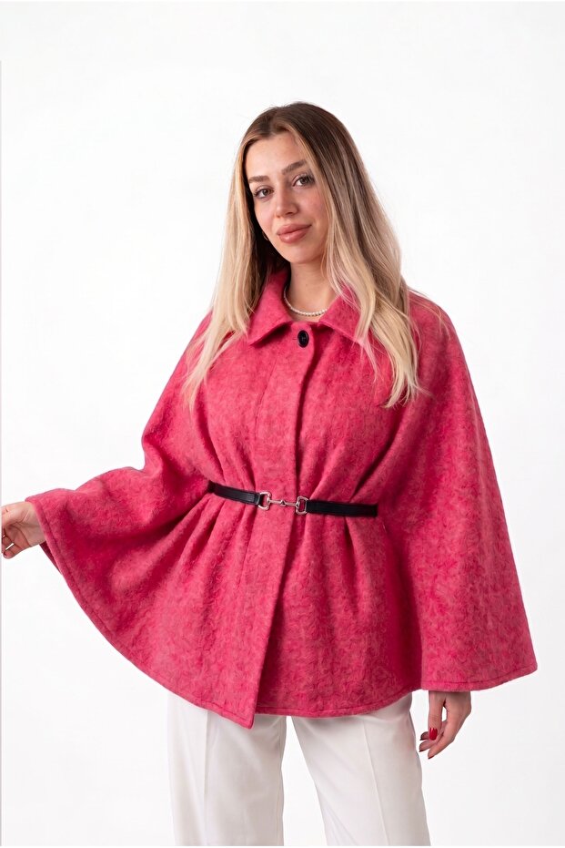 Women's Poncho Cape with Belt and Textured Stitching