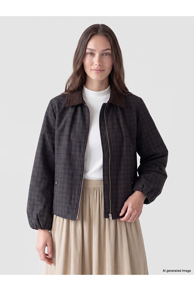 From UZG STORE: A Velvet Robe-Square Neck Checked Embroidered Women's Jacket for Fashion-Conscious Women
