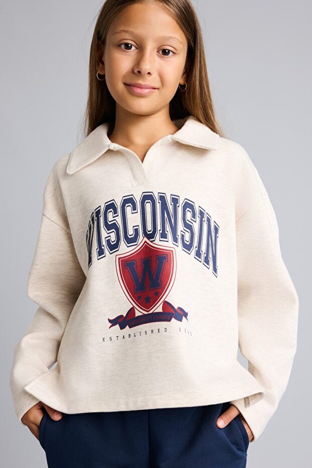 Relaxed Fit Polo Collar College Printed Soft Fleece Inside Sweatshirt for Girls I4900A826Au