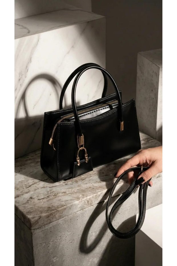 Black Patent Leather Look Women's Handbag and Crossbody Mini Bag with Gold Detailed Zipper