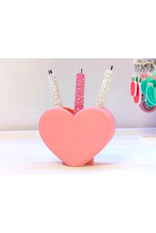 3D Printed Heart-Shaped Pen Holder - Desktop Organizer - Pink