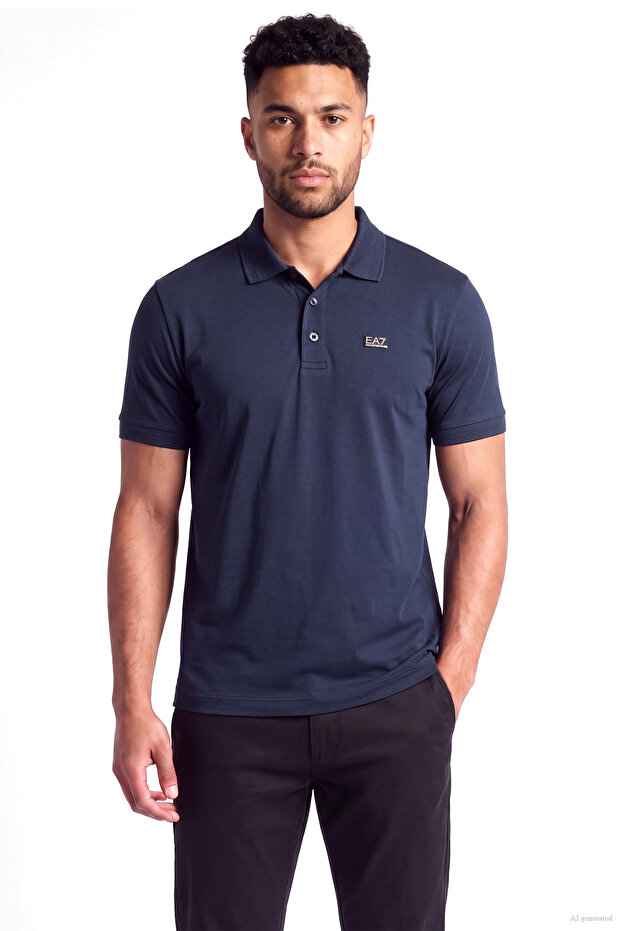 Men's Regular Fit Plate Logo Detailed Short Sleeve Navy Blue Polo Collar T-Shirt