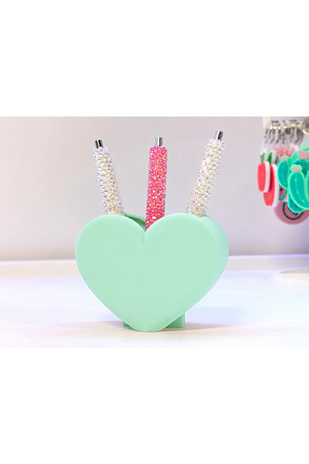 3D Printed Heart-Shaped Pen Holder - Desktop Organizer - Mint