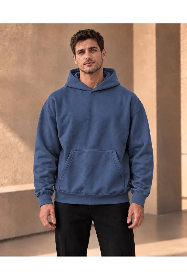 Unisex Oversize Hooded Kangaroo Pocket 3 Thread Raster Sweatshirt