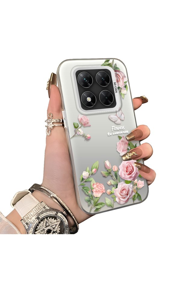 Poco X7 Compatible Elegant Pink Rose Butterfly Case, Slim Structure Perfectly Fits the Phone