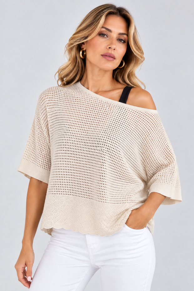 Women's Openwork Knit Boat Neck Bat Sleeve Oversize Knitwear Blouse - Stylish New Season