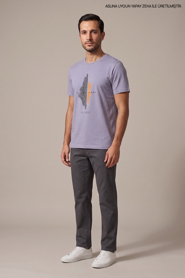 Lilac Men's Abstract Pattern Printed Crew Neck Loose Fit T-Shirt