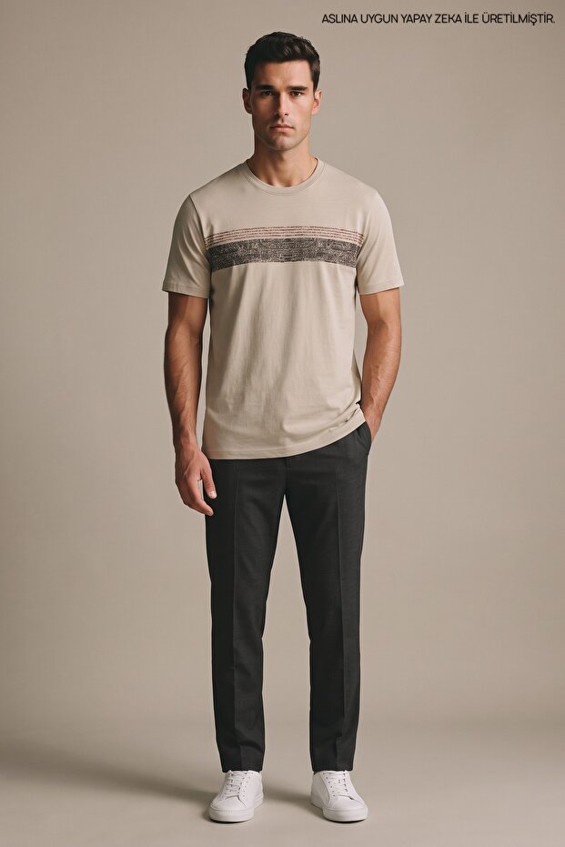 Men's Striped Printed Comfortable Fit Short Sleeve Beige T-Shirt