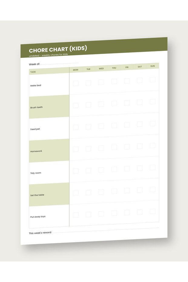 Planner Program treburi casnice copii, tematica verde oliv, nedatat, format A4