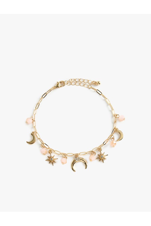 Bead and Stone Detailed Charm Chain Bracelet