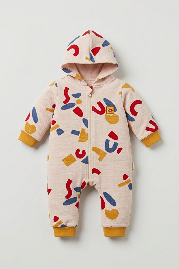 Geometric Patterned Hooded Zippered Baby Boy Jumpsuit