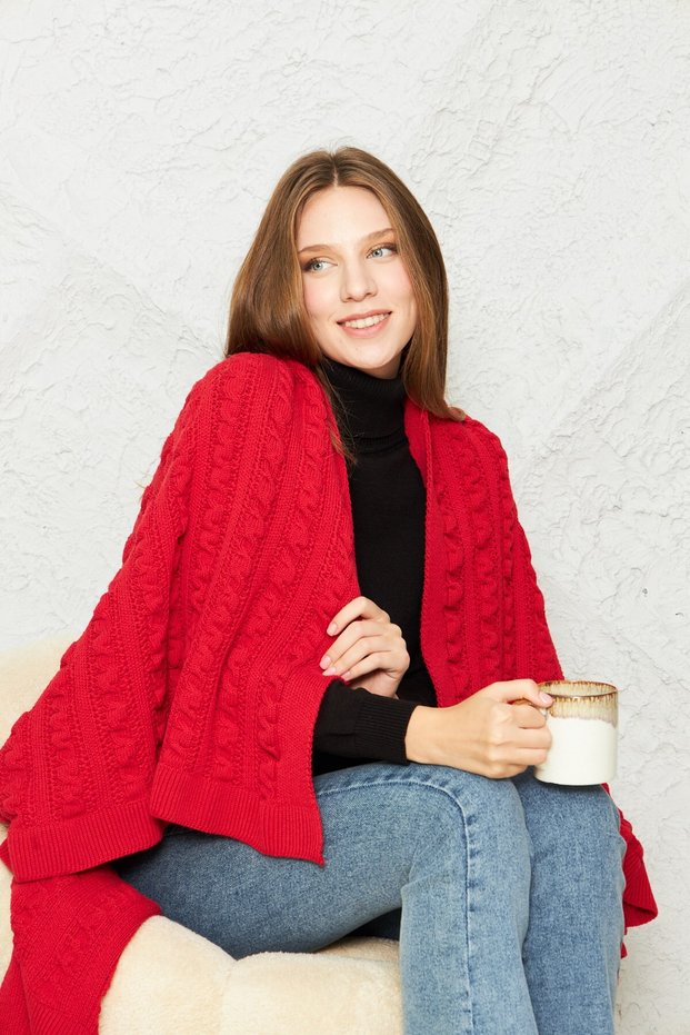 Knitwear Tv Blanket – Hair Knit Cotton & Shoulder Shawl & Knee Blanket – 100X150 cm Red
