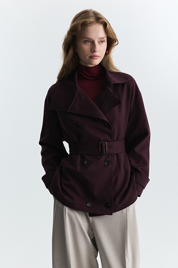 High Collar Double Breasted Belted Jacket
